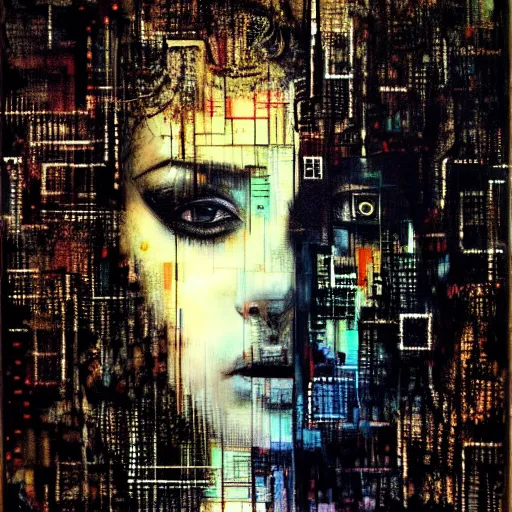 Prompt: portrait of a youthful beautiful women, mysterious, glitch effects over the eyes, sorrow, crying, shadows, by Guy Denning, by Johannes Itten, by Russ Mills, centered, innocent, hacking effects, chromatic, cyberpunk, light, colour blocking, oil on canvas, abstract