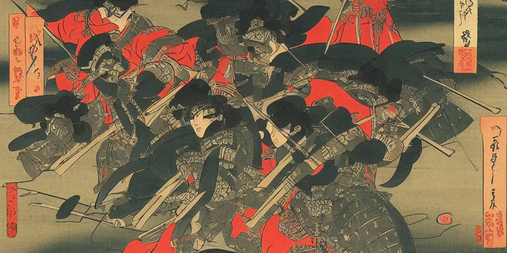 Image similar to mixed ukiyo - e style and italian futurism sytle painting of heavily armored samurai fighting in fierce battle in a beautiful forest