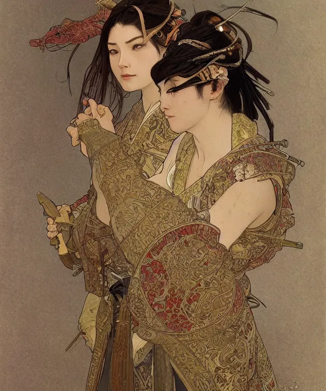 Image similar to realistic hyper detailed portrait of a samurai warrior by Alphonse Mucha and Charlie Bowater and art germ, rule of thirds, samurai armor, japanese patterns, golden ratio, portrait style with the subject in the middle of the frame