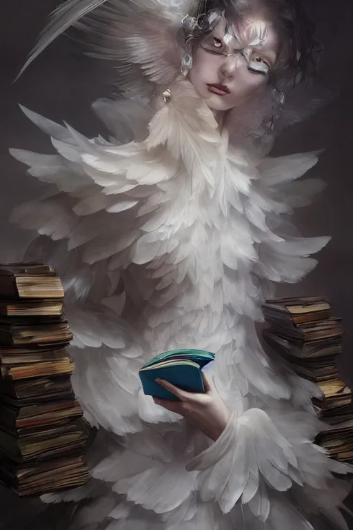 Image similar to beautiful ghost model wearing crystal white feathers, holding books, fantasy, dramatic lighting, highly detailed, digital painting, magic the gathering, hyper detailed, 3 d render, hyper realistic detailed portrait, peter mohrbacher, wlop, ruan jia