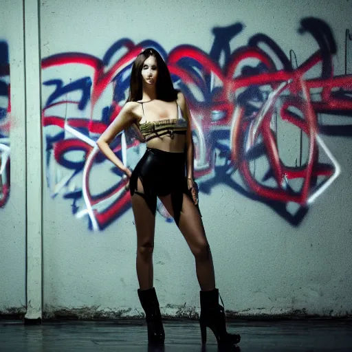 Prompt: Bella Hadid standing in a derelict room, led lights, graffiti, uhd, 8k, cinematic,