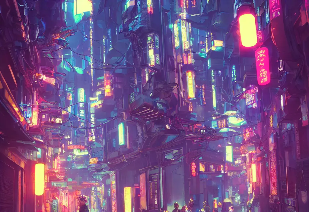 Image similar to a futuristic cyberpunk japanese izayaka alley with neon lights and lanterns, soft glow, intricate, cybernetic, trending on artstation, octane render, unreal engine, colorful, by chris foss, rodger dean, rossdraws and makoto shinkai