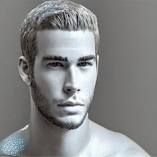 Image similar to “ a realistic detailed photo of a guy who is an attractive humanoid who is half robot and half humanoid, who is a male android, actor liam hemsworth, shiny skin, posing like a statue, blank stare, at the museum, on display ”