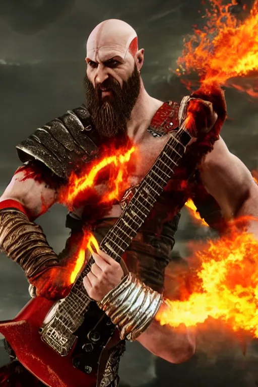 Image similar to kratos rocking out on a flaming stratocaster guitar, cinematic render, god of war 2 0 1 8, playstation studios official media, lightning, flames, red stripe, red left eye stripe, clear, coherent