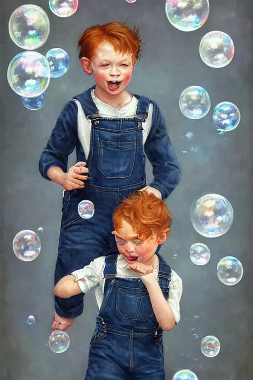 Prompt: a little boy with ginger hair wearing denim overalls chasing bubbles. clean elegant painting, beautiful detailed face, lots of bubbles. by artgerm and greg rutkowski and norman rockwell