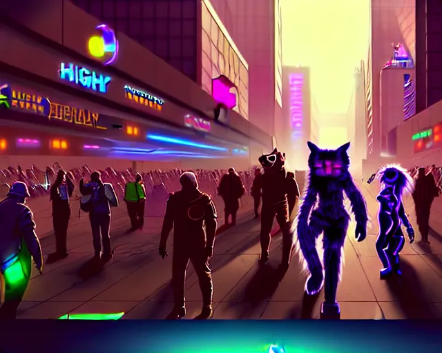 Image similar to high - resolution photograph from a cyberpunk era furry fandom convention ( midwest furfest 2 0 4 7 ), taking place after the genetic revolution and quantum singularity. photorealistic.