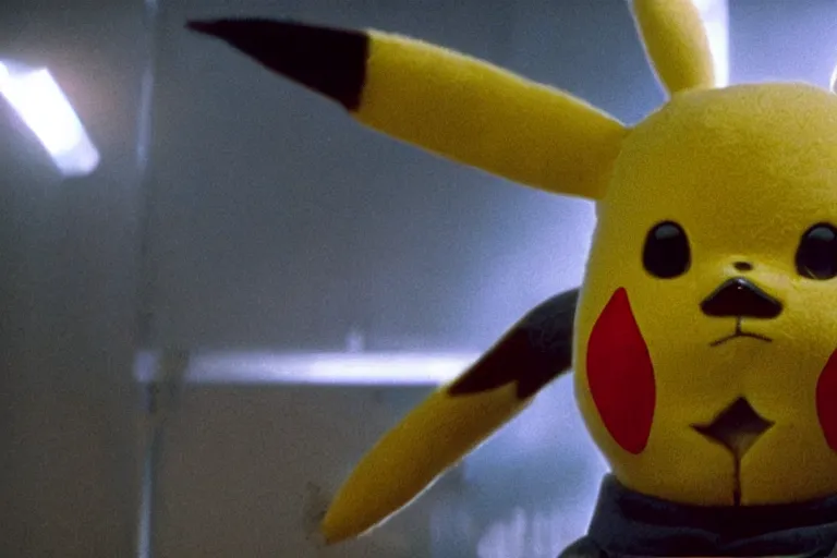 Image similar to Jack Nicholson in costume of Pikachu Terminator, scene where his endoskeleton gets exposed and his eye glows red, still from the film