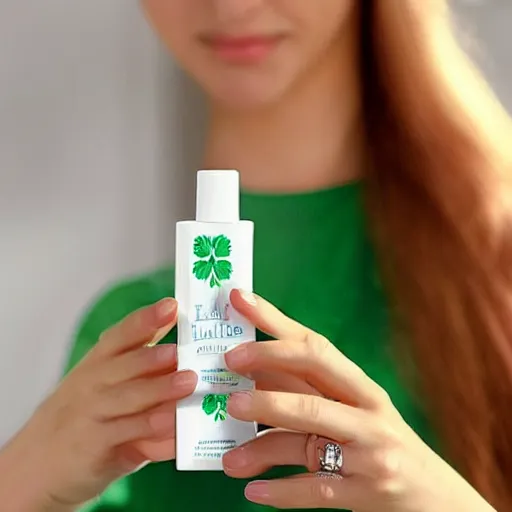 Prompt: “Woman advertising a lotion made by a brand called ‘Elation’ with a three-leaf clover logo, smart, beautiful, realistic, magnificent”