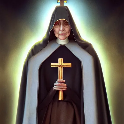 Image similar to an old nun, bishop, symmetric face, hyperrealism, epic fantasy digital art, fantasy style art, by Greg Rutkowski, fantasy magic the gathering card art style