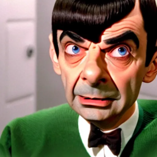 Image similar to Movie still of Mr. Bean as Spock from Star Trek, direct gaze