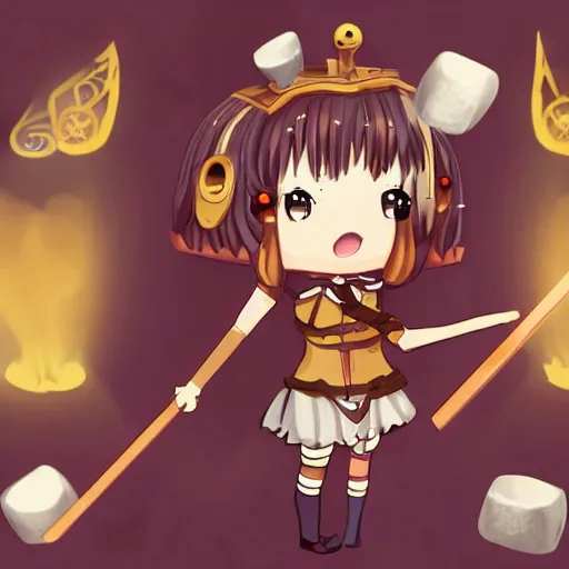 Image similar to anime girl with steampunk weapons stabbing giant marshmallows, surreal, lush, cute animation, anime, finely detailed, steampunk armor, copper, particles,