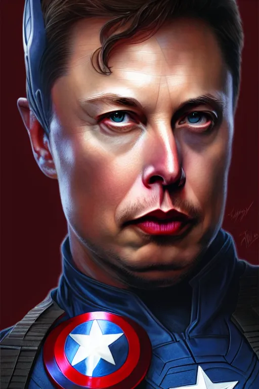 Image similar to elon musk as captain america, portrait, highly detailed, digital painting, artstation, concept art, smooth, sharp focus, illustration, cinematic lighting, art by artgerm and greg rutkowski and alphonse mucha