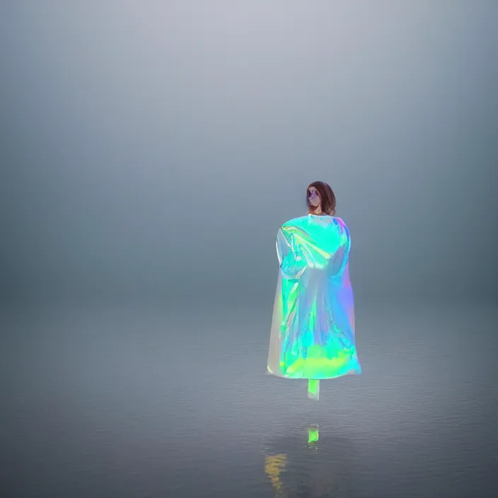 Image similar to a closeup portrait of a woman wrapped in plastic, standing next to a levitating iridescent vinyl orb, in a foggy lake, color photograph, by vincent desiderio, canon eos c 3 0 0, ƒ 1. 8, 3 5 mm, 8 k, medium - format print