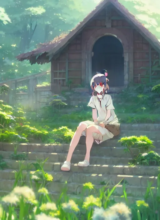 Image similar to girl sitting on a stair where there is an arched shed above, many green plant and flower gowing on it, illustration concept art anime key visual trending pixiv fanbox by wlop and greg rutkowski and makoto shinkai and studio ghibli