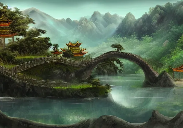 Image similar to ancient Chinese beautiful landscape mode concept art high realism