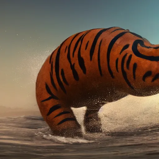 Image similar to a closeup photorealistic photograph of a cute stylish tiger hippo playing volleyball at the beach during sunset. Surf in the background. This 4K HD image is Trending on Artstation, featured on Behance, well-rendered, extra crisp, features intricate detail and the style of Unreal Engine.