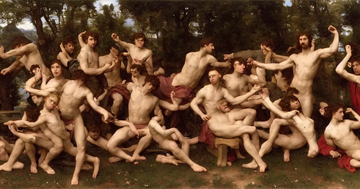 Image similar to large group of pre-Raphaelite muscular athletic male gamers wearing headsets holding laptops playstation5 x-box and PC by Bouguereau and raphael