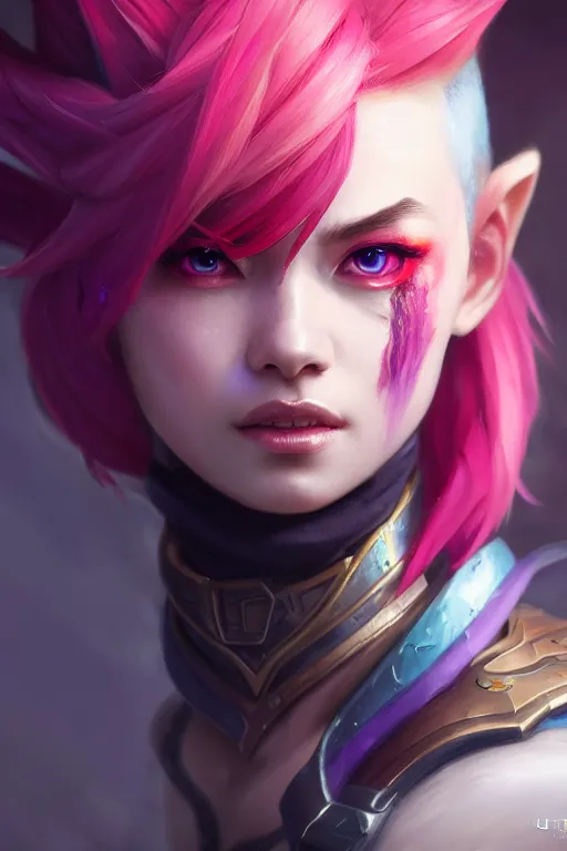 Prompt: ultra detailed face portrait of vi from league of legends from tv series arcane from netflix, extremely detailed digital painting, in the style of fenghua zhong and ruan jia and jeremy lipking and peter mohrbacher, mystical colors, rim light, beautiful lighting, 8 k, stunning scene, raytracing, octane, trending on artstation