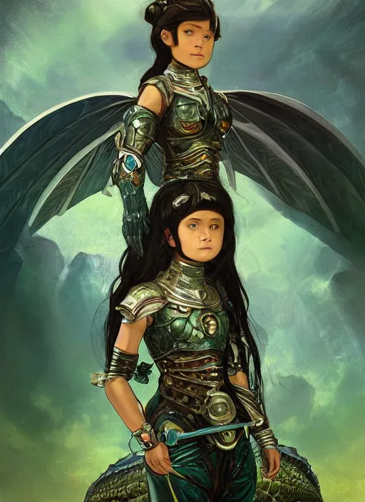 Image similar to portrait of a little cyborg warrior girl character sitting on top of a giant armored dinosaur bird with huge wings flying in space, epic character with dark skin and beautiful green eyes. the girl has a very beautiful detailed symmetrical face, long black hair. diffuse night light, dramatic landscape, fantasy illustration, matte painting by mucha