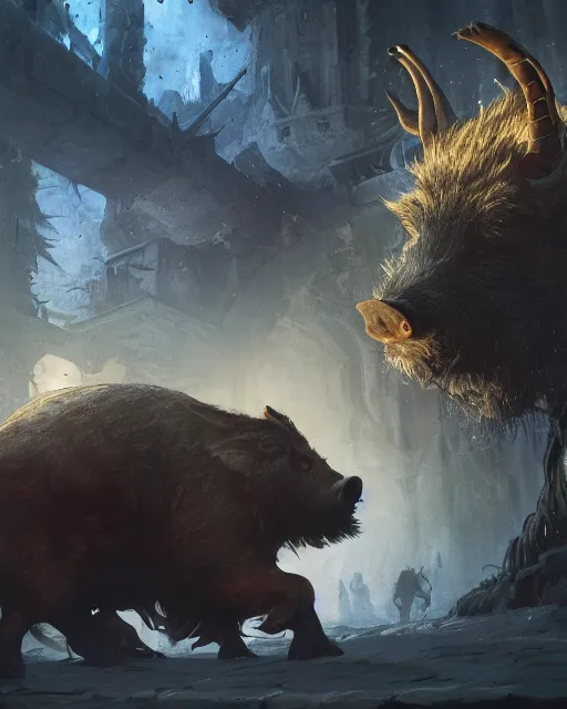 Image similar to Giant Boar looking at mouse, medium shot, fear, D&D, artstation, fantasy, magic the gathering artwork, cinematic lighting, centered, symmetrical, highly detailed, digital painting, , concept art, smooth, sharp focus, illustration, volumetric lighting, epic Composition, 8k, art by Akihiko Yoshida and Greg Rutkowski and Craig Mullins, oil painting, cgsociety