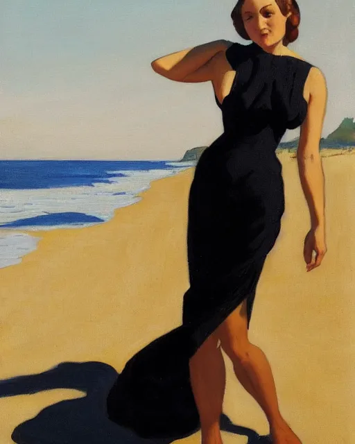 Prompt: woman on the beach in black dress, full body, leyendecker style, camera glare in oil style,