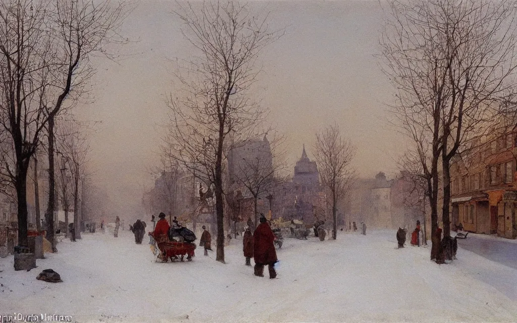 Image similar to a painting of a street in winter, pale sun, mist, oil on canvas, by carl larsson