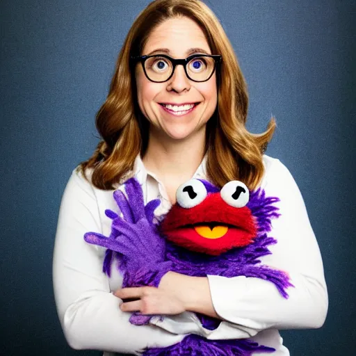 Prompt: studio portrait still of muppet!!!!! pam beesly from the office wearing his glasses!!!! as a muppet muppet as a muppet, 8 k, studio lighting, key light,