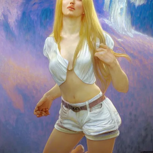 Prompt: A young woman with blonde long hair and bangs in shorts and white shirt drawn by Donato Giancola and Anna Dittmann, frank frazetta, alphonse mucha, background by James Jean and gustav klimt, 4k, volumetric lighting, french nouveau, trending on artstation, octane render, hyperrealistic