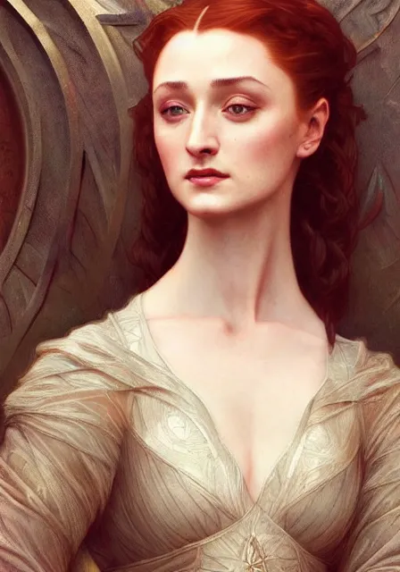 Prompt: sansa stark on sanset, intricate, elegant, highly detailed, digital painting, artstation, concept art, smooth, sharp focus, illustration, art by artgerm and greg rutkowski and alphonse mucha and william - adolphe bouguereau