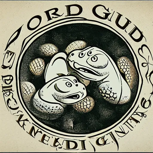 Prompt: a Giraud logo with two toads, eggs, a vine and eyes