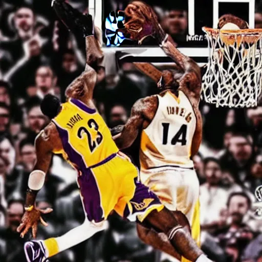 Image similar to a cheetah dunking on lebron james, high definition, very detailed, photorealistic, sports photography,