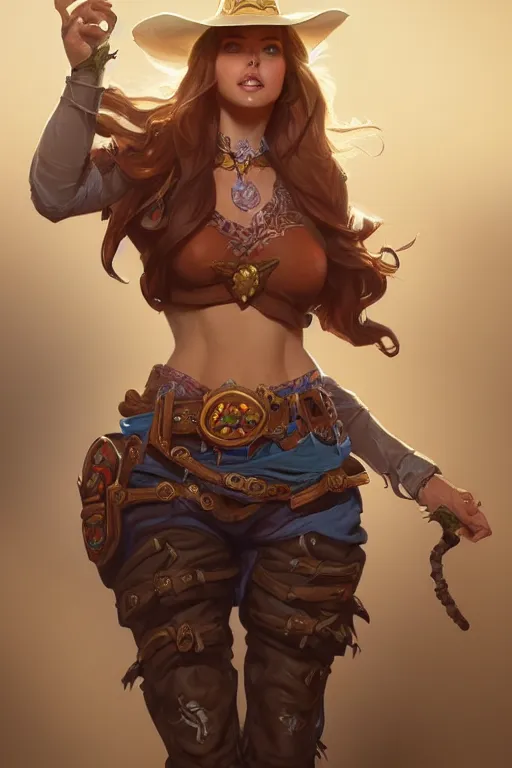 Image similar to beautiful female cowgirl, full body shot, d & d, fantasy, intricate, elegant, highly detailed, digital painting, artstation, concept art, matte, sharp focus, illustration, hearthstone, art by artgerm and greg rutkowski and alphonse mucha