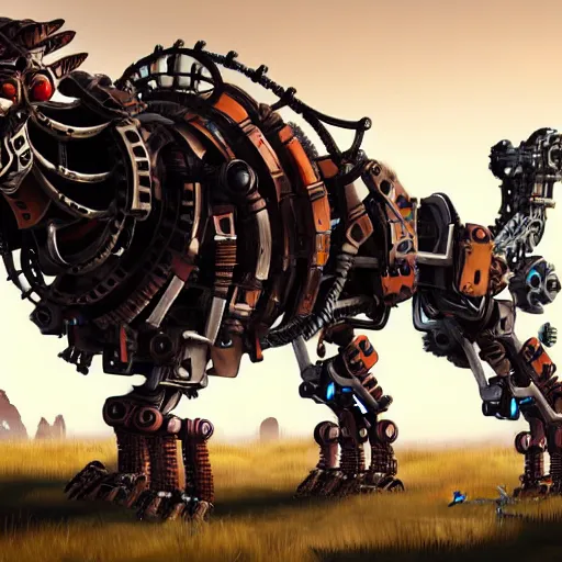 Image similar to artwork by horizon zero dawn of many machine creatures