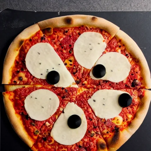 Prompt: a pizza with eye balls fingers on it, top view