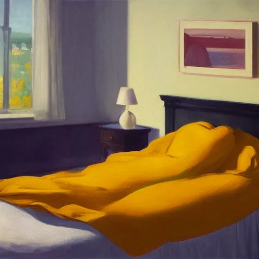 Prompt: A girl with dark hair in a yellow nightgown sits on a bed in a room with light gray walls, sunset light, by edward hopper. cinematic, hyper realism, high detail, octane render, 8k, iridescent accents