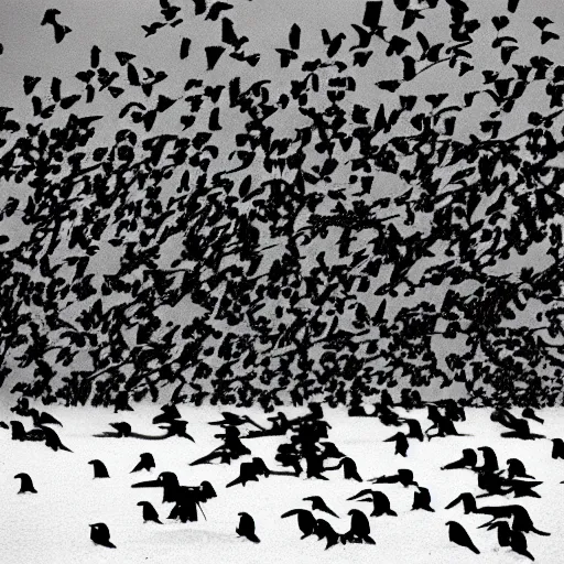 Prompt: “a flock of crows attacking people”