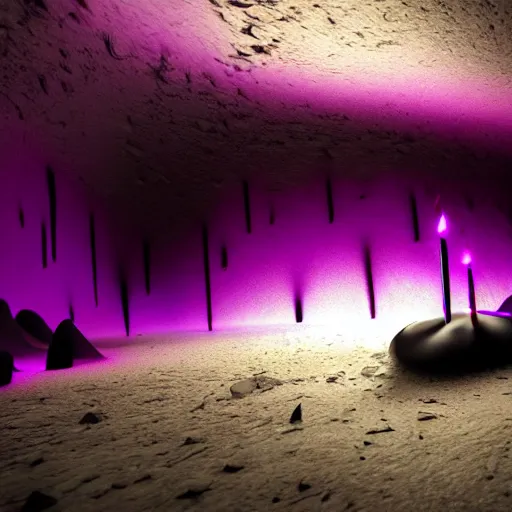 Image similar to purple fluid dripping down black spikes in a dark cave with a single lit torch, cinematic lighting, 8k render, ultra HD,