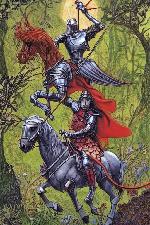 Image similar to medieval knight riding a horse in a magic kingdom overgrown by moss and plants, shiny armor, enchanted forest with flying faires, wizards and magic mushrooms in the background, illustrated by james jean, very detailed and colorful, comicbook cover