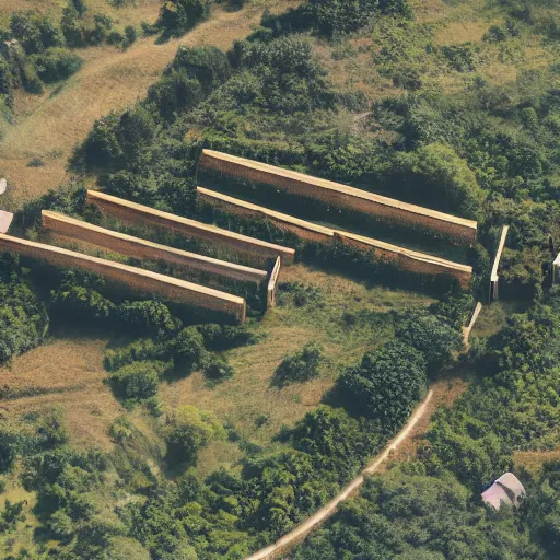 Image similar to Aerial establishing shot of circular wood palisade containing a village