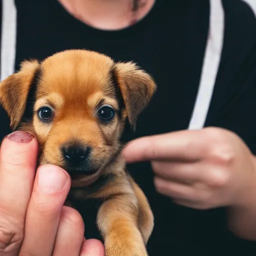 Image similar to photo of person with mouth open with tiny miniature puppy inside mouth