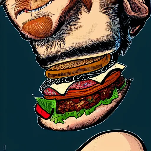 Image similar to beard man angry with italian burger. symmetrical anatomy, intricate details, digital art, baroque, pop punk art style, illustration, fantasy, accompanied by body, without duplication, dribble popular, artstation trending, drawn by ilya kuvshinov and vinicius gud and gustavo zambelli, intricate, balance rendered.