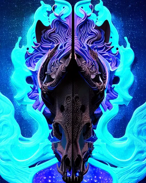 Image similar to 3 d ornate carved dark cosmic horse with profile portrait, sigma 5 0 0 mm f / 5. beautiful intricate highly detailed horse skull. bioluminescent, plasma, lava, ice, water, wind, creature, thunderstorm! artwork by tooth wu and wlop and beeple and greg rutkowski, 8 k trending on artstation