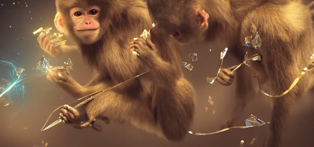 Prompt: monkeys playing with diamonds, fairies and scissors, details, smooth, sharp focus, illustration, realistic, cinematic, artstation, gold, ornate, award winning, original modern artwork, rgb ethereal lighting, 8k