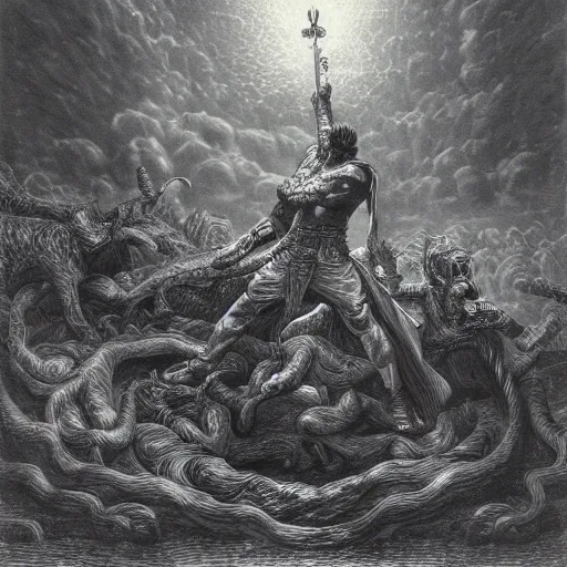 Prompt: thor battling the midgard serpent by gustave dore