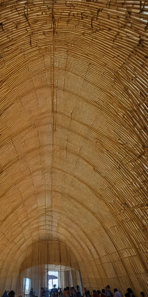 Prompt: inside small pavilion made of bifurcated bamboo. complex curved intersecting vaulted structure. a large crowd at a party. bundled columns branching recursively into roof, architectural photography., 4 k, 8 k. volumetric lighting.