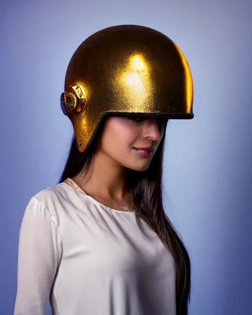 Image similar to centered medium shot fine studio photograph of a beautiful persian girl wearing a persian solarpunk electronic helmet with led lights decorated with golden ornaments, ultra-realistic, white background, 8k HDR dusk light, intricate detail