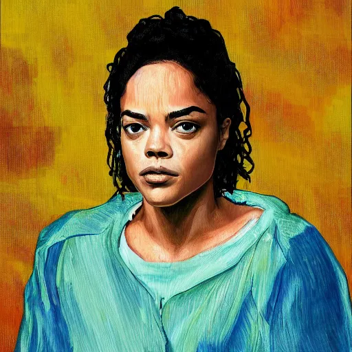 Image similar to Portrait of Tessa Thompson in the style of the Van Gough self portrait