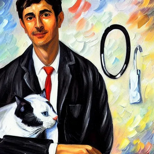 Image similar to painting of a black and white cat as a surgeon doctor by Leonid Afremov, lab coat, stethoscope