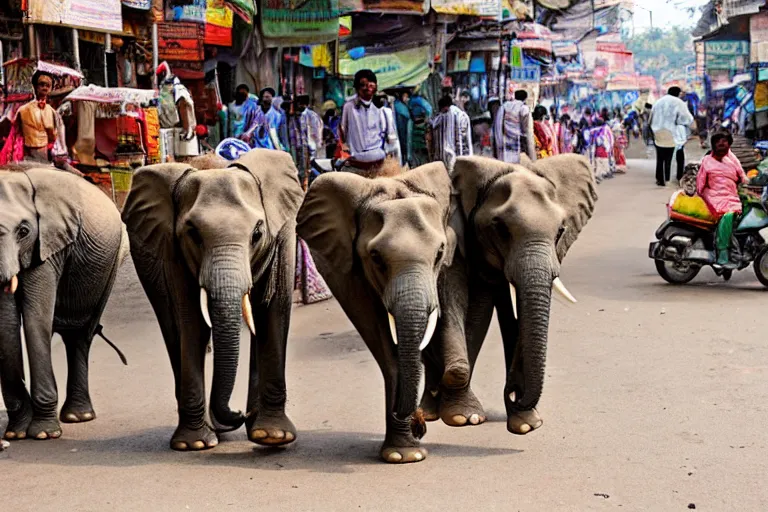 Image similar to elephants walking through an street market in India