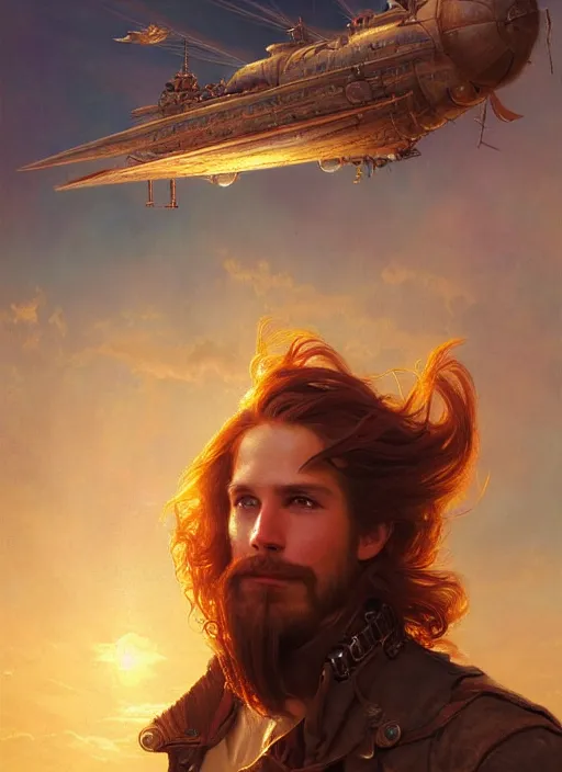Prompt: portrait painting of a handsome face rugged long hair crimson hair male captain, top half portrait soft hair steampunk ornate mechanical zeppelin airship in the background sky sunset golden hour fantasy soft hair deviantart book cover art dramatic volumetric lighting art by wlop greg rutkowski gaston bussiere